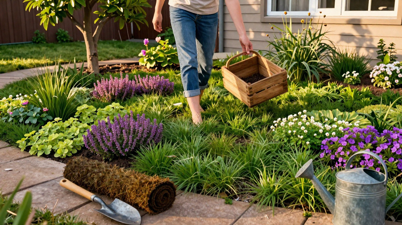 Person gardening barefoot in a colourful flowerbed holding a wooden basket with gardening tools nearby.