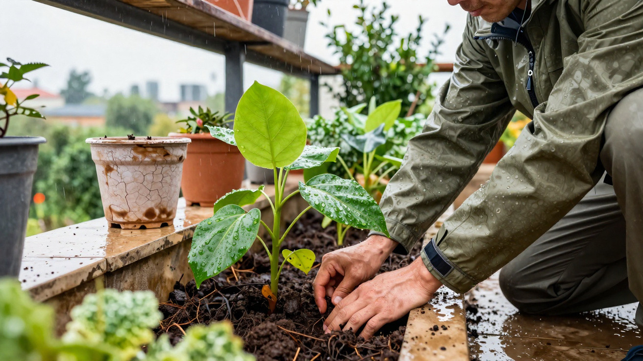 Person planting seedlings in wet soil on a rainy day, wearing a green waterproof jacket.