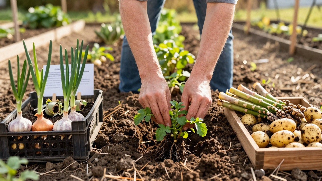 Person planting a seedling in soil with crates of garlic, onions, asparagus, and potatoes nearby in a garden.