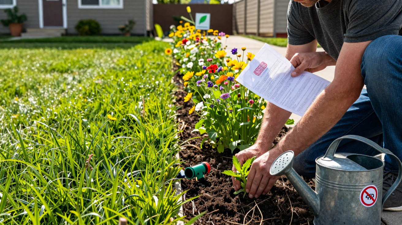 Person planting flowers in a garden bed beside a green lawn on a sunny day with a watering can nearby.
