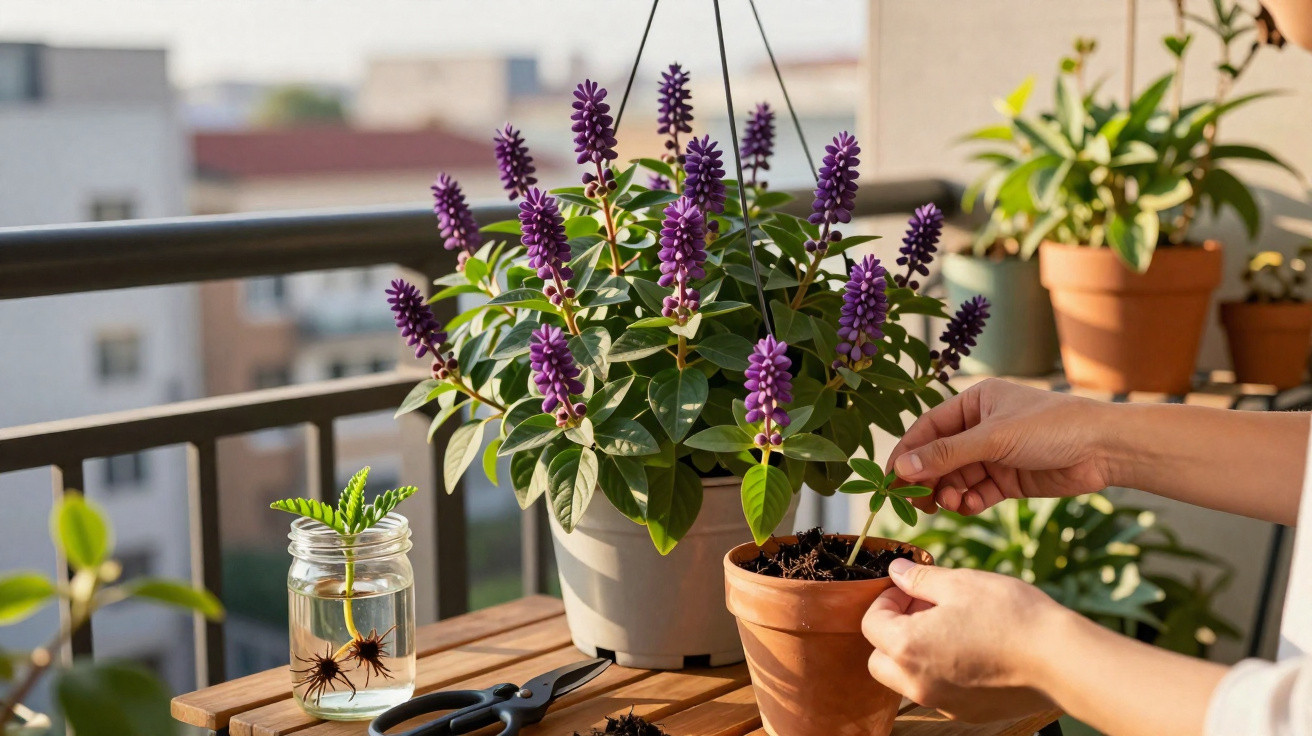 Hands planting a small seedling in a terracotta pot beside a hanging purple flowering plant on a wooden table.