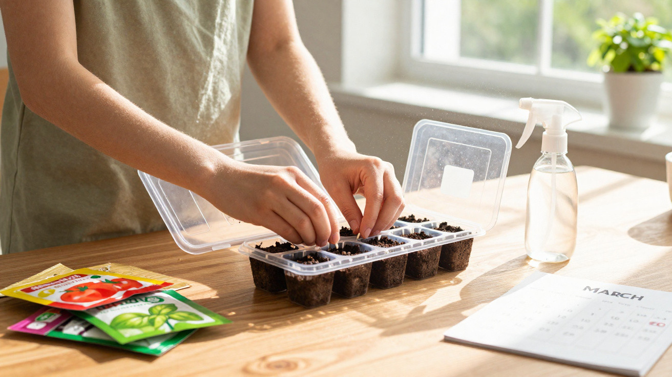 Hands planting seeds in small soil-filled containers on a wooden table with seed packets and calendar nearby.
