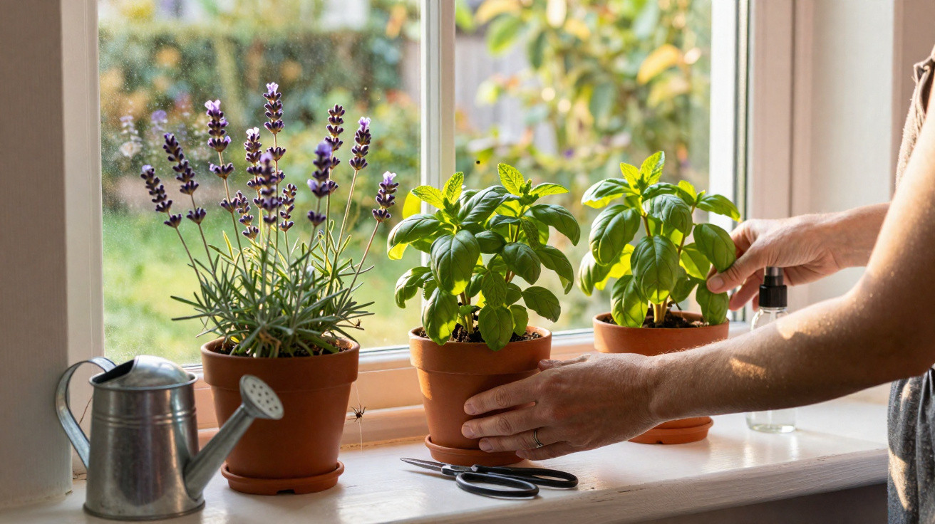 Person's hands tending to basil plants on a sunny windowsill with lavender and gardening tools nearby