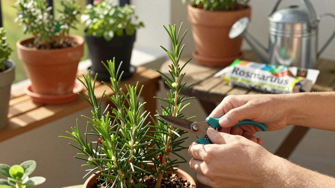 Person pruning a potted rosemary plant indoors with scissors, surrounded by other potted plants and gardening tools.
