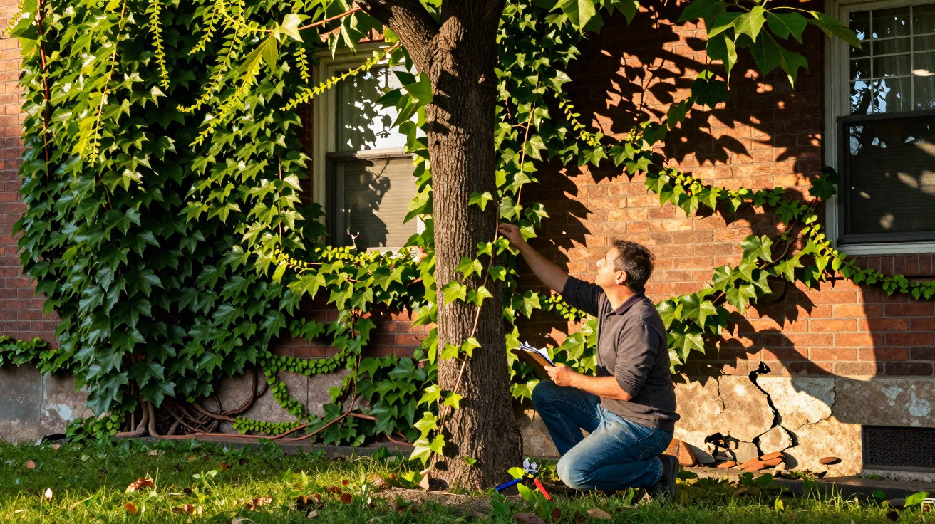 Man kneeling and examining a tree in front of a brick house covered with ivy on a sunny day