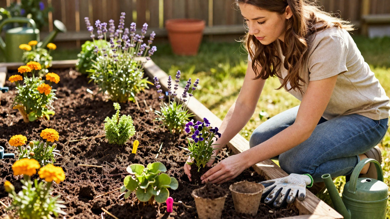 Woman planting flowers in a raised garden bed on a sunny day with gardening tools nearby.