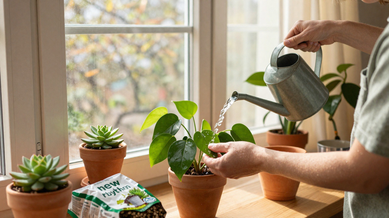Person watering potted houseplants on a windowsill with autumn trees visible outside.