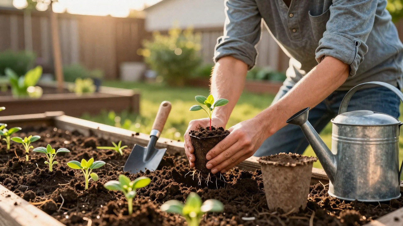 Person planting a seedling in a raised garden bed with gardening tools and a watering can nearby
