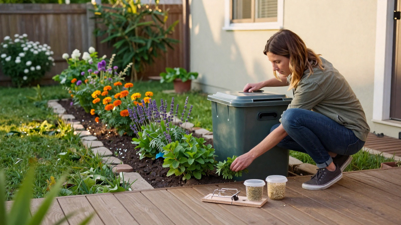 Woman gardening in her backyard next to a green compost bin with flowers and plants nearby