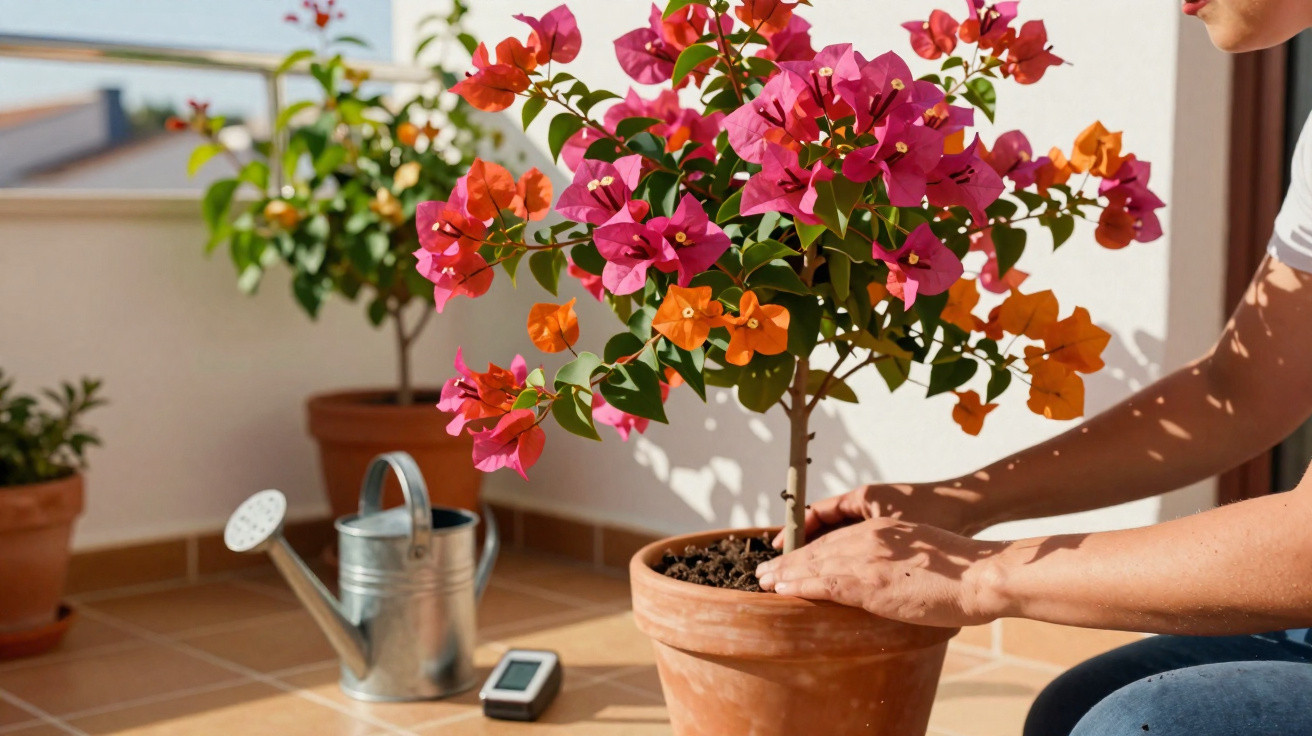 Person planting a colourful bougainvillea in a terracotta pot on a sunny tiled balcony.