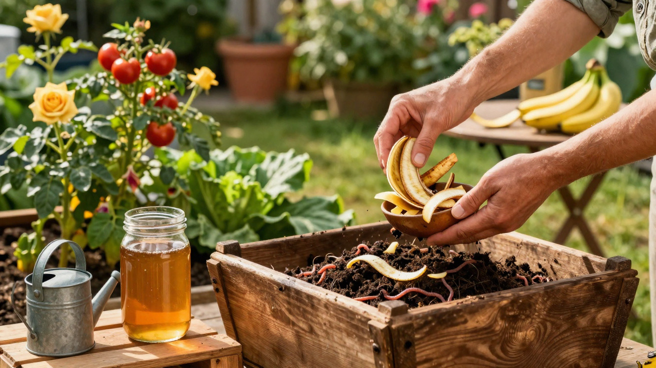 Hands adding banana peels to a worm compost bin in a garden with plants and a watering can nearby.