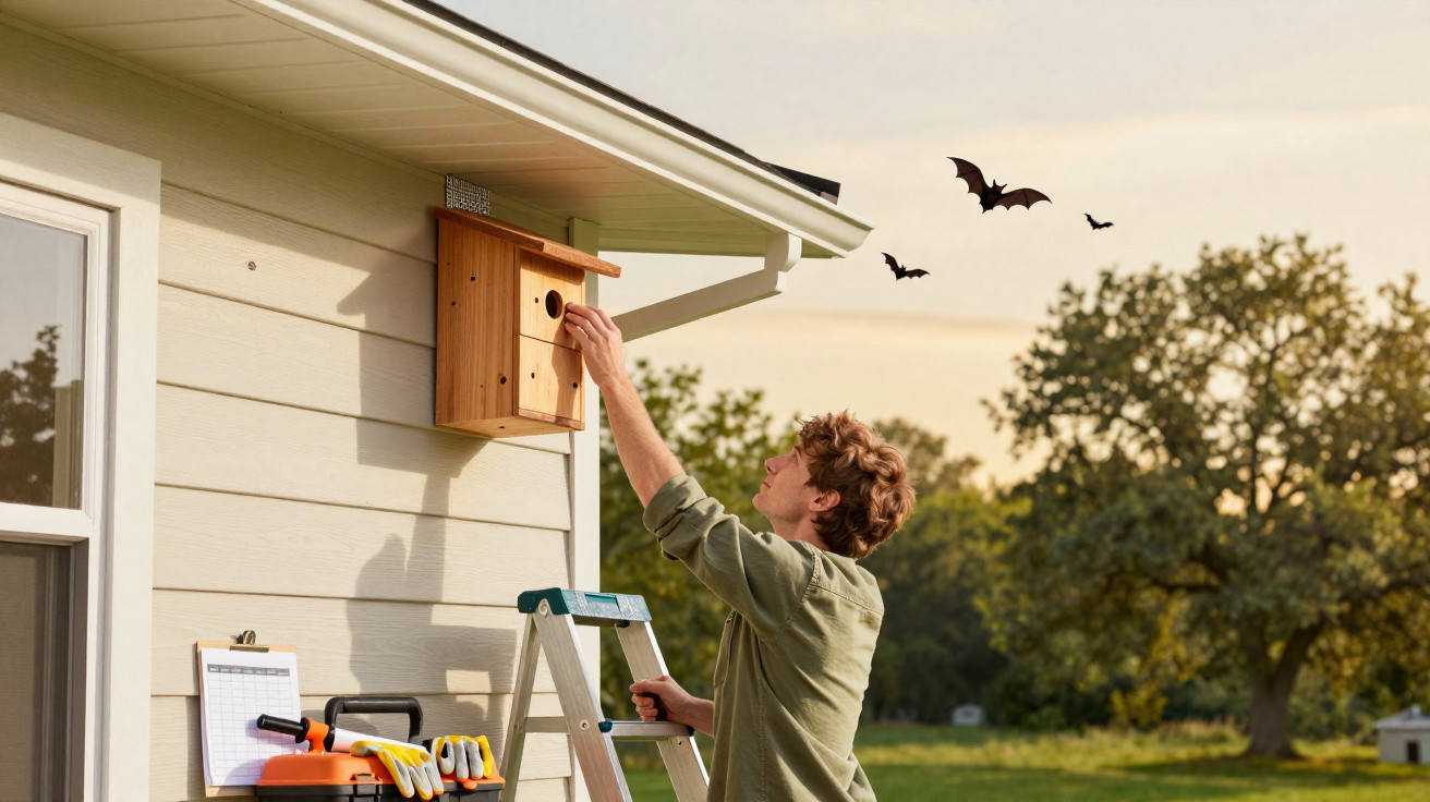 Person standing on a ladder attaching a wooden birdhouse to the side of a house at sunset with bats flying nearby.