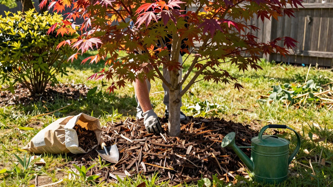Person mulching around a young red maple tree in a sunny garden with gardening tools nearby.