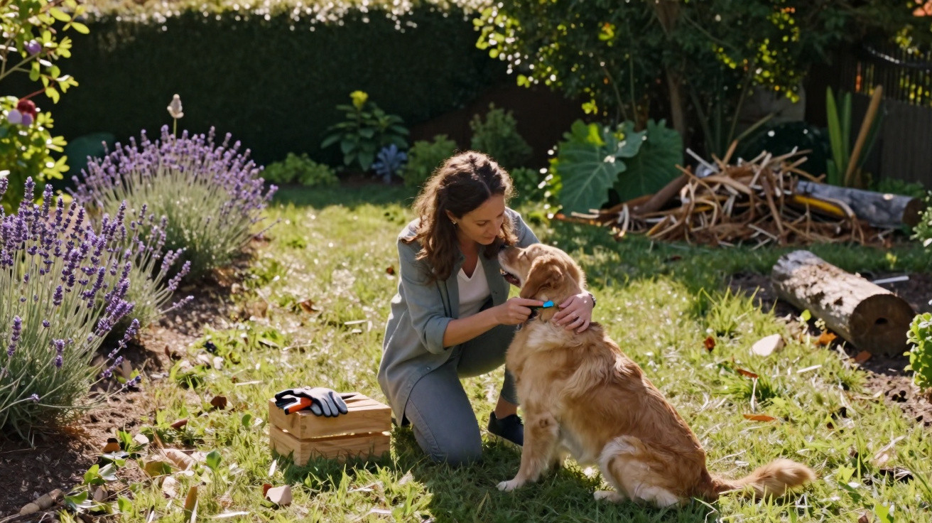 Woman kneeling in garden affectionately interacting with a golden retriever surrounded by plants and garden tools.