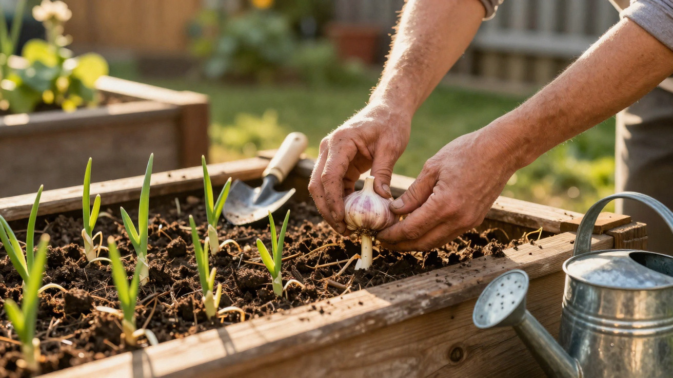 Hands planting a garlic bulb in a raised garden bed with green shoots and a watering can nearby.