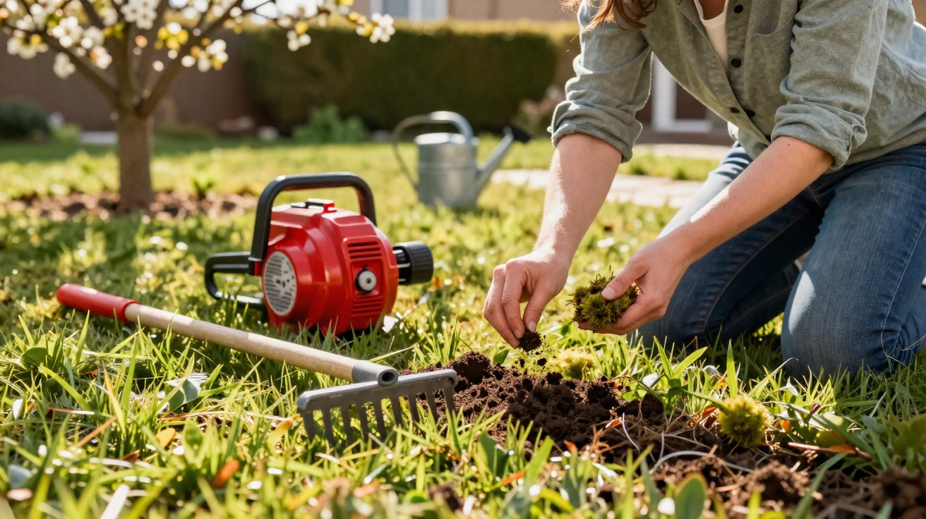 Person kneeling on grass removing weeds with gardening tools and equipment nearby in a sunny garden.