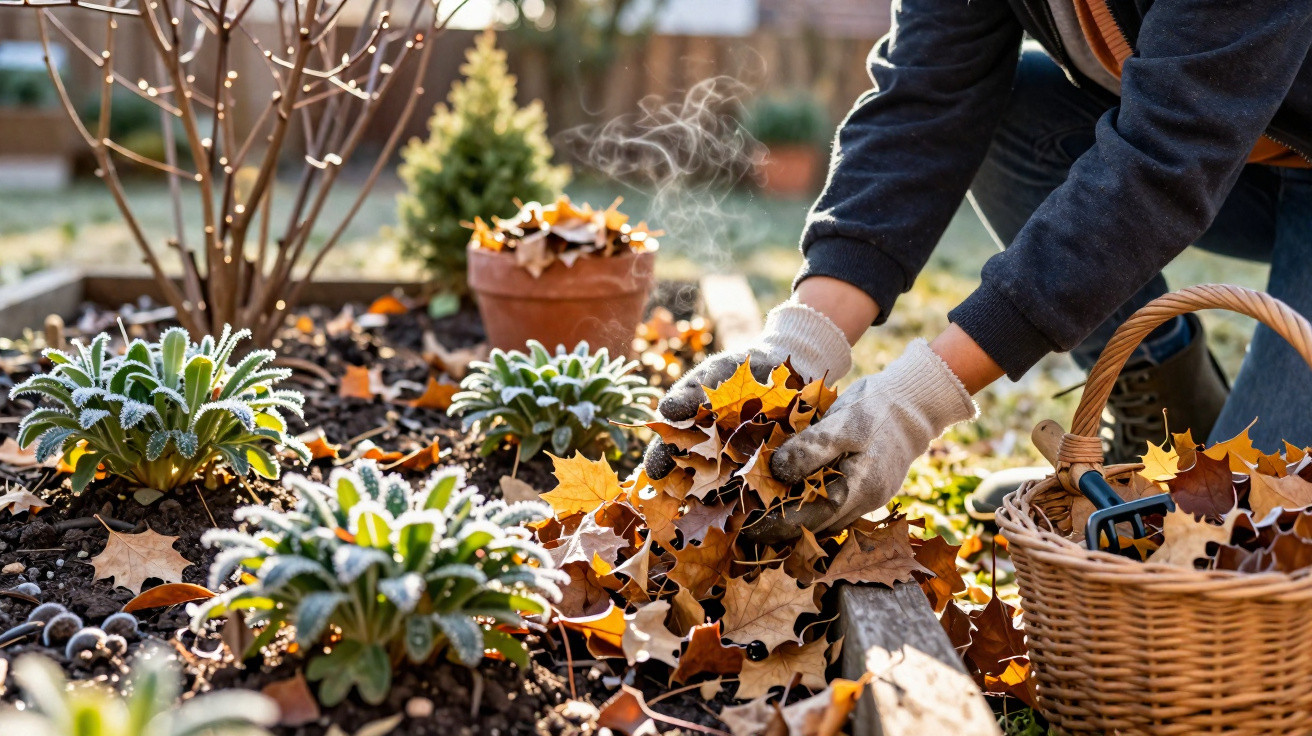 Person in gloves raking frost-covered autumn leaves from garden bed into a basket on a cold morning.