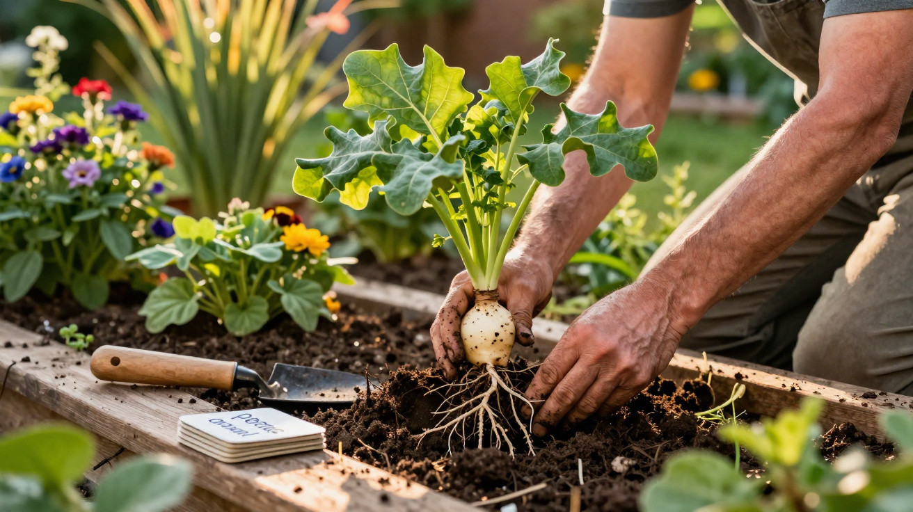 Hands planting a root vegetable with green leaves in a wooden garden bed surrounded by flowering plants.