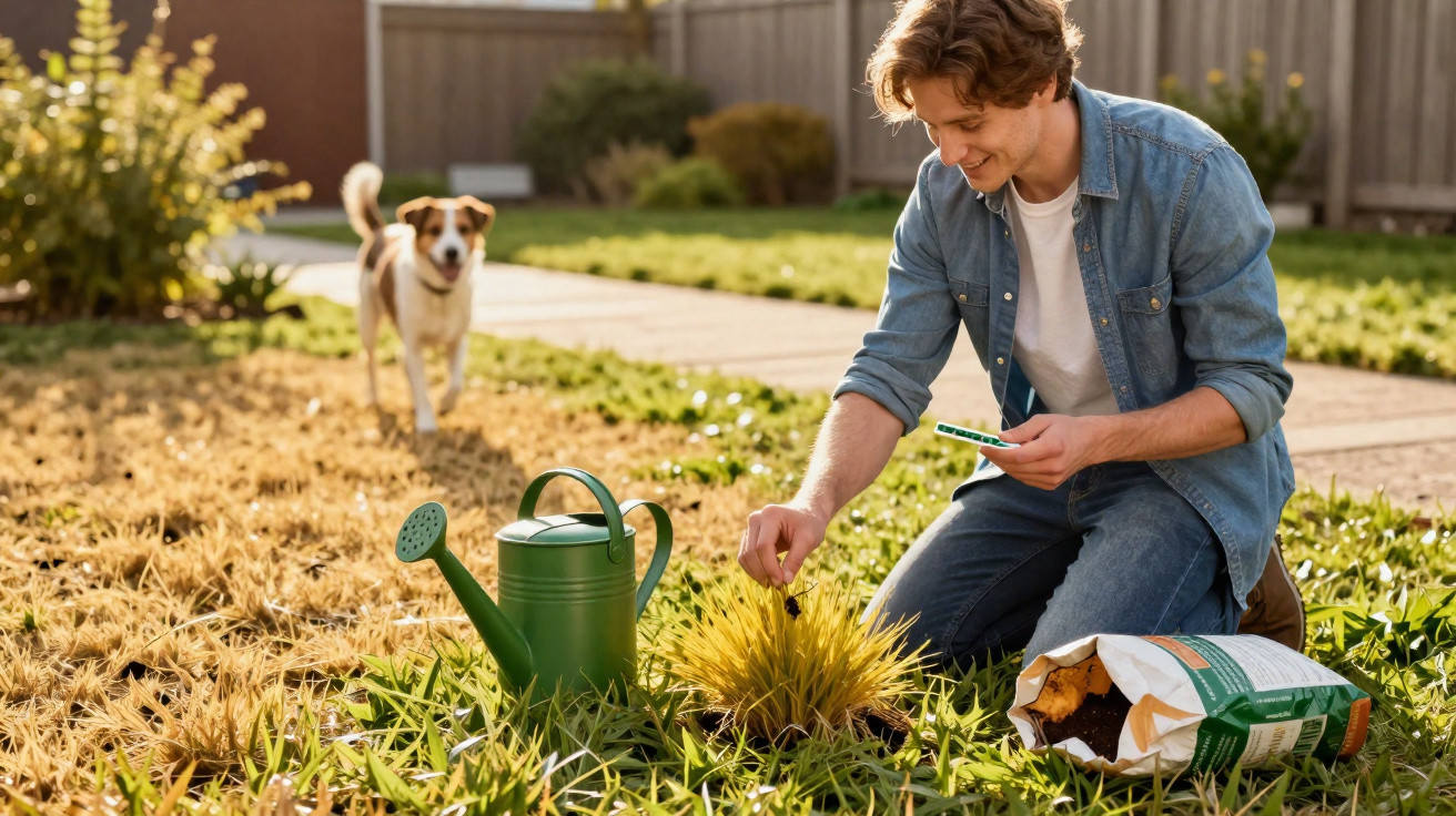 Man kneeling in garden tending plants with watering can and bag of soil, dog approaching in background.