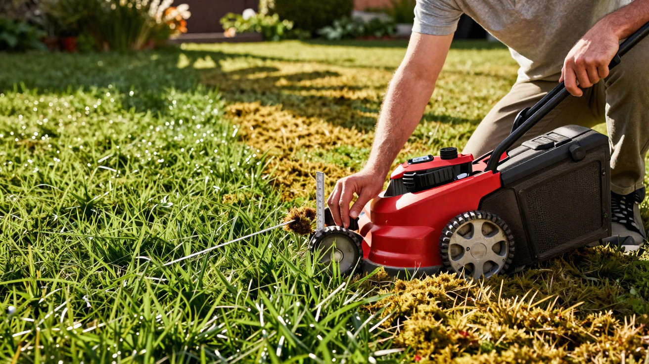 Person adjusting a red lawn mower on a garden lawn with green and brown grass patches.