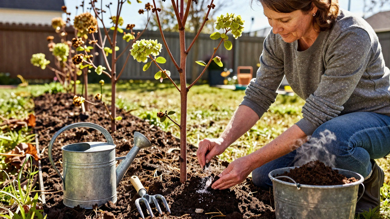 Woman planting seedlings in garden bed with watering can, garden fork, and bucket of soil nearby on a sunny day