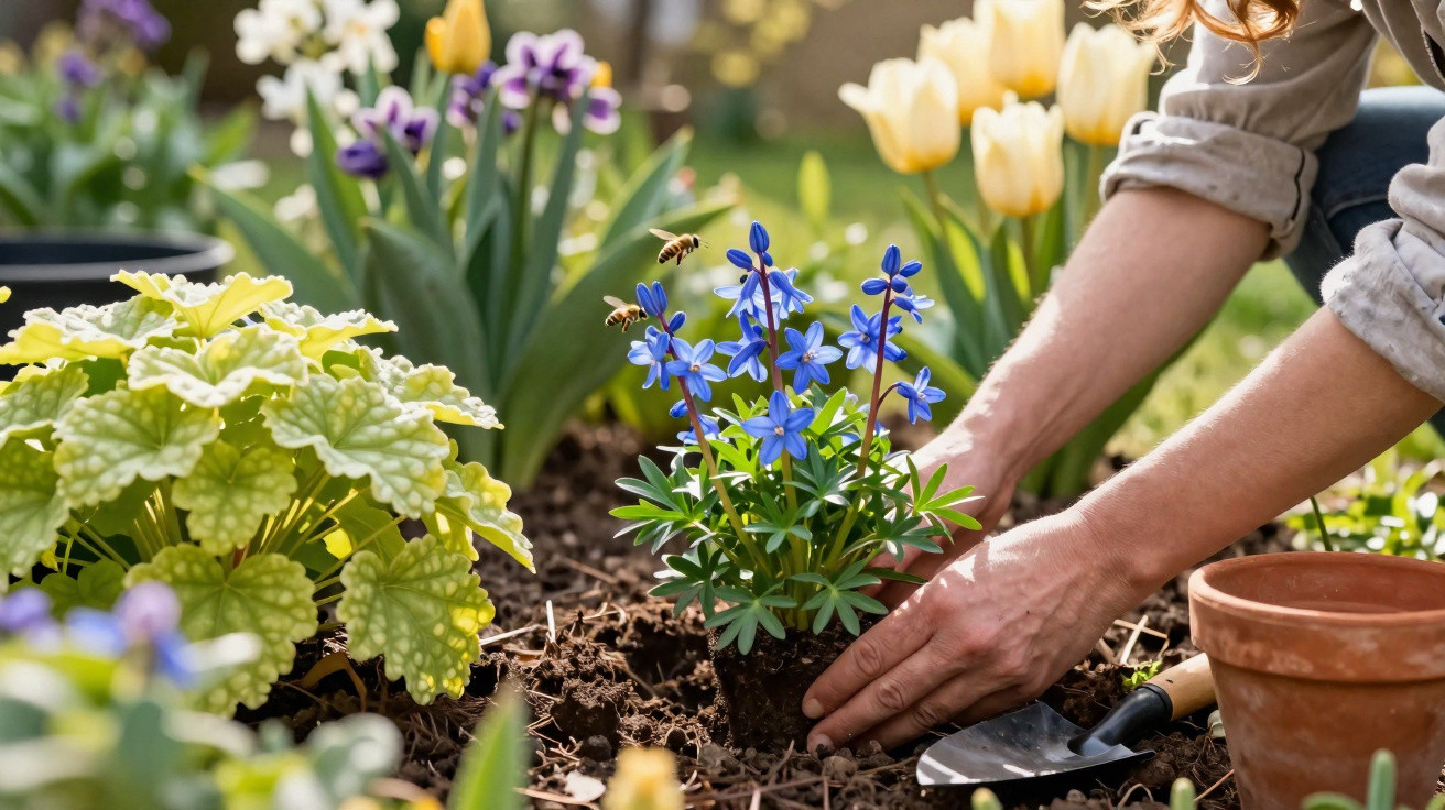 Hands planting blue flowers in a garden bed with bees flying nearby and yellow tulips in the background