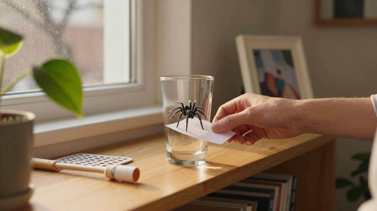 Hand placing a piece of paper into a glass containing a large fake spider on a wooden shelf by a window.