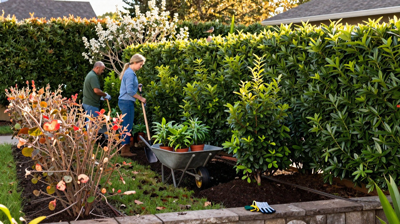 Two people planting shrubs and flowers in a garden next to a house during daylight.