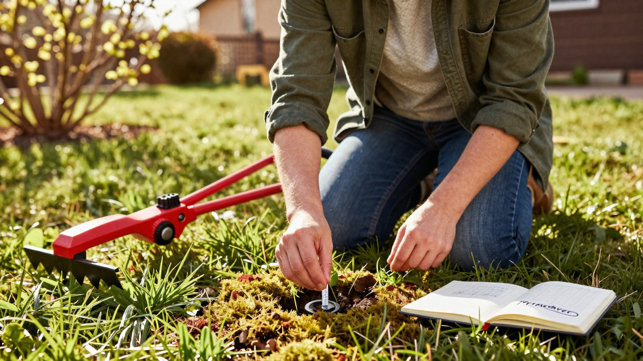 Person kneeling on grass using a soil moisture meter with garden shears and open notebook nearby.