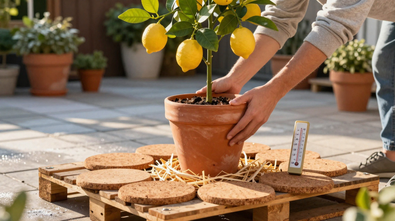 Hands placing a potted lemon tree on a wooden pallet with cork mats and a thermometer outdoors.