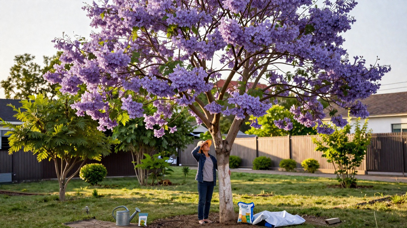 Person in a hat standing under a large jacaranda tree in full purple bloom in a suburban backyard garden.
