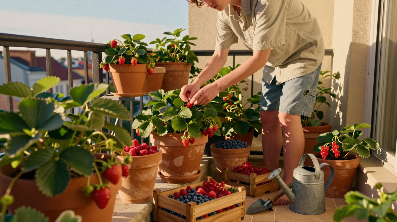 Child in shorts picking ripe strawberries on a sunny balcony with pots and crates of fresh berries.