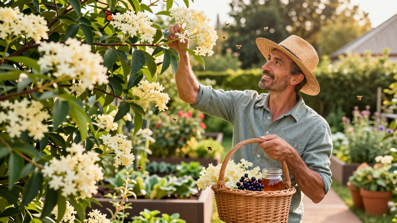 Man in a straw hat picking flowers in a garden, holding a basket with grapes and a jar of honey.