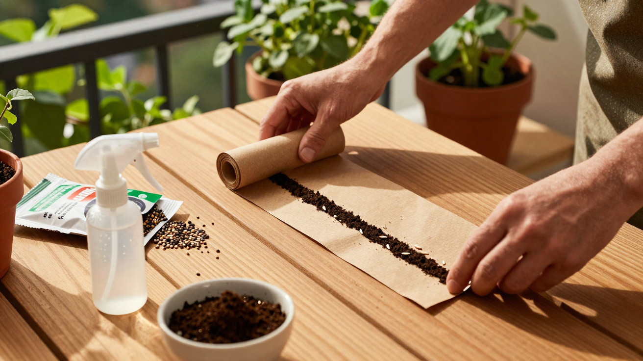 Person rolling up brown paper with seeds laid in a line on a wooden table next to seed packets and a spray bottle.