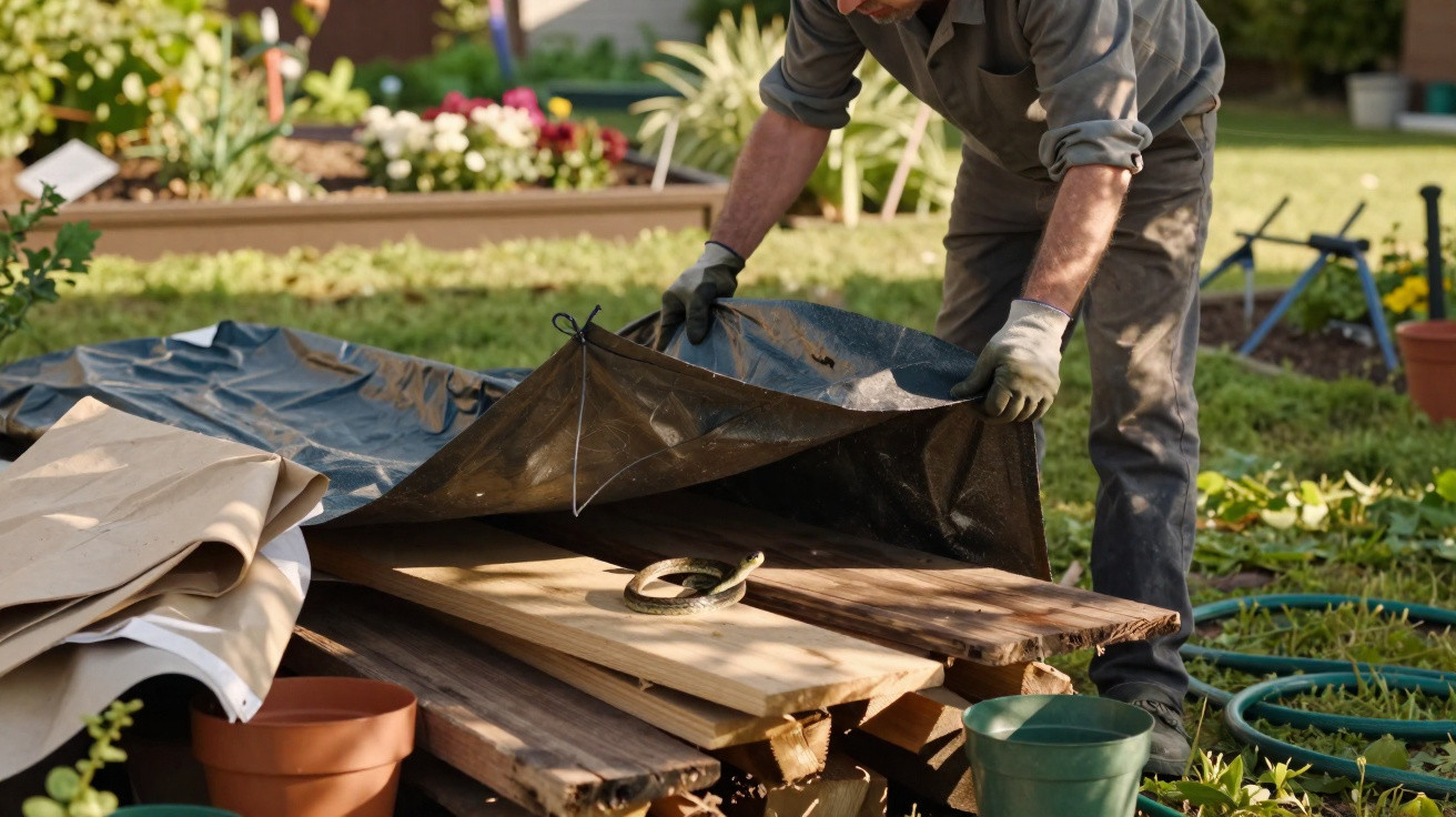 Person lifting tarp to reveal a snake coiled on wooden boards in a garden setting.