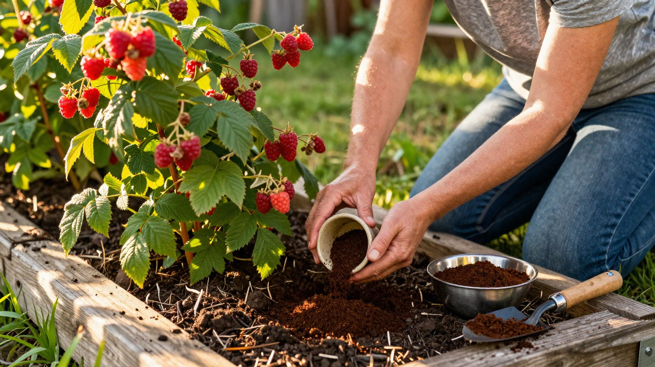 Person spreading compost around raspberry plants in a raised wooden garden bed on a sunny day.