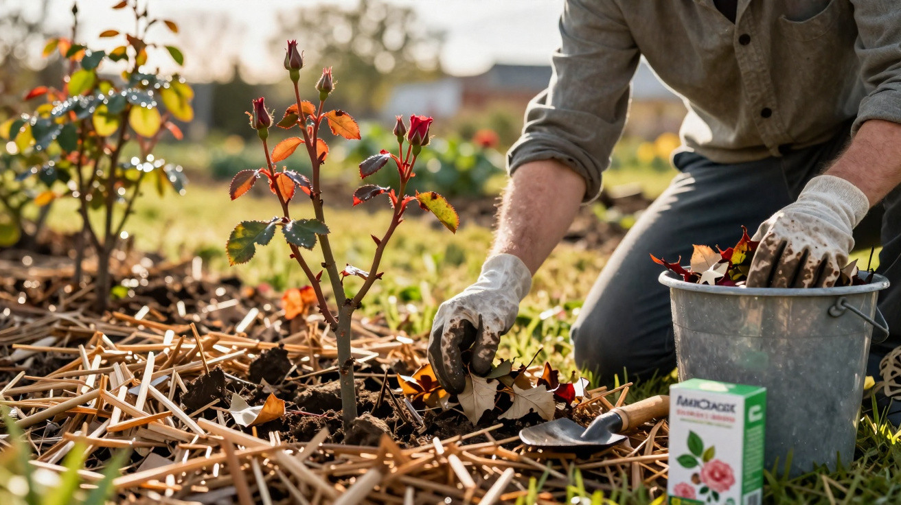 Person wearing gloves gardening, planting a rose bush surrounded by mulch and gardening tools in sunlight.