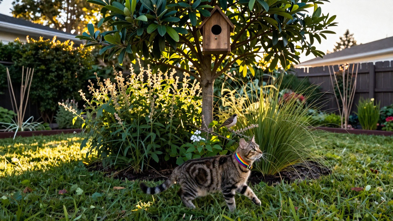 Tabby cat with rainbow collar walking in garden near birdhouse and bird on shrub in golden hour sunlight.