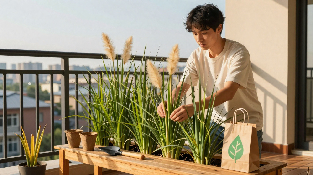 Young man tending to potted plants on a balcony garden table in daylight.