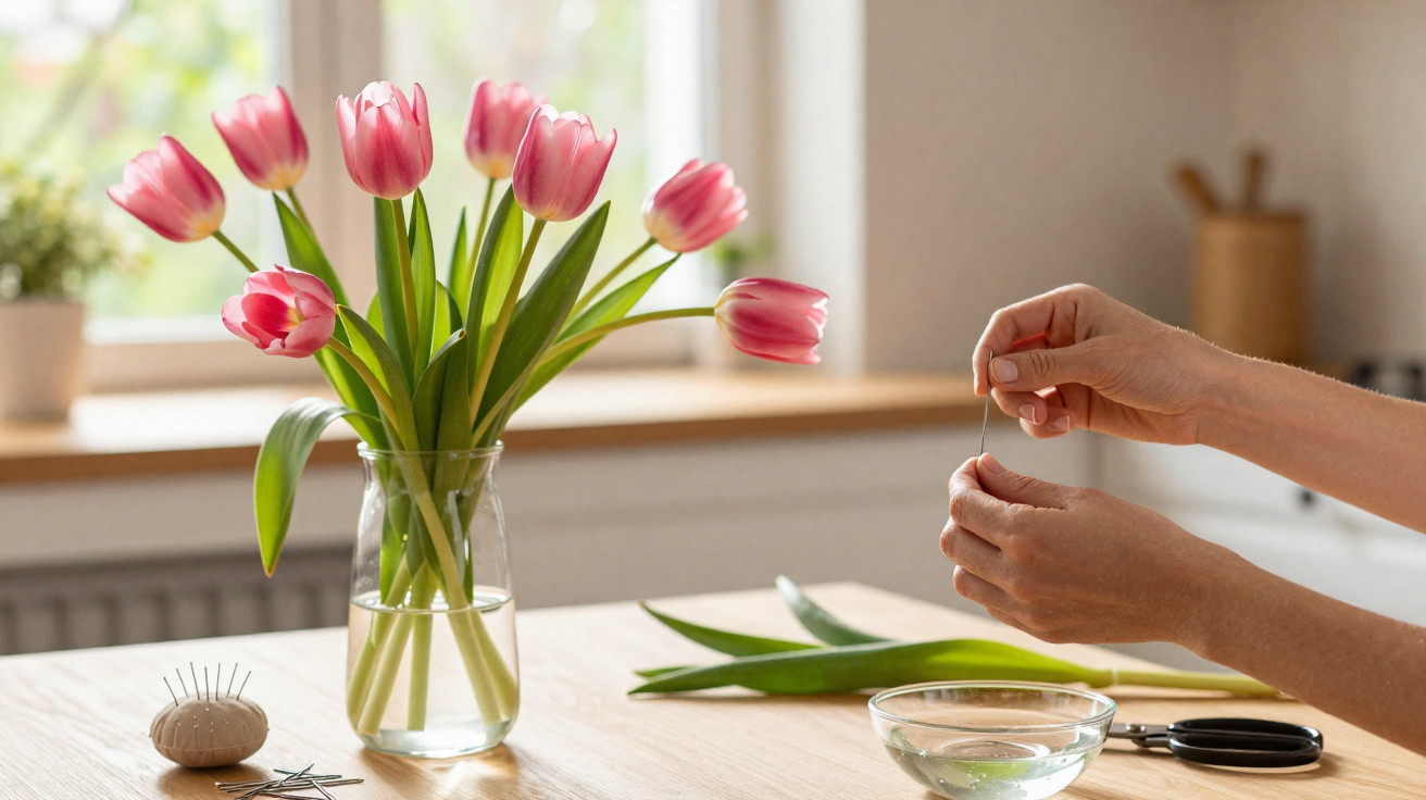 Hands arranging pink tulips in a glass vase on a wooden table near a window with floral supplies.