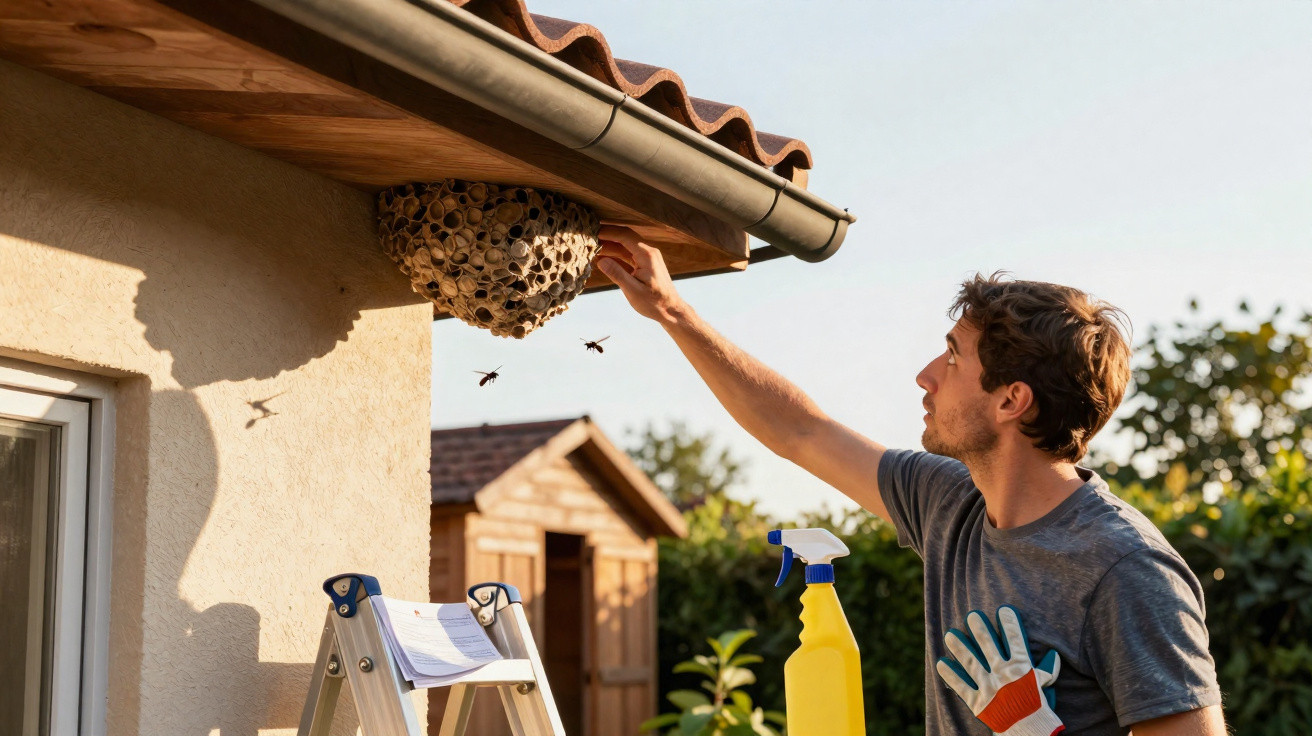 Man inspecting a large wasp nest under a roof eave with a ladder and spray bottle nearby in a garden.