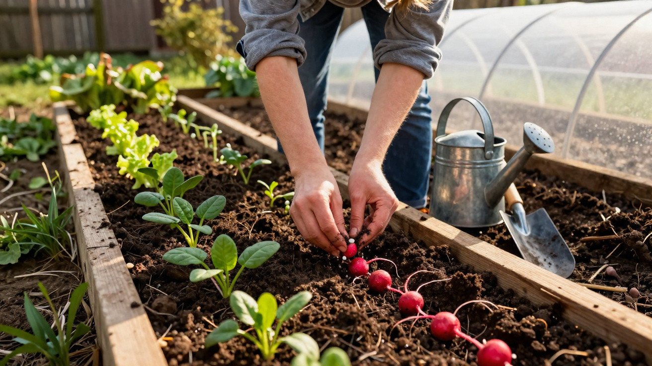 Person harvesting fresh radishes in a raised garden bed with watering can and trowel nearby