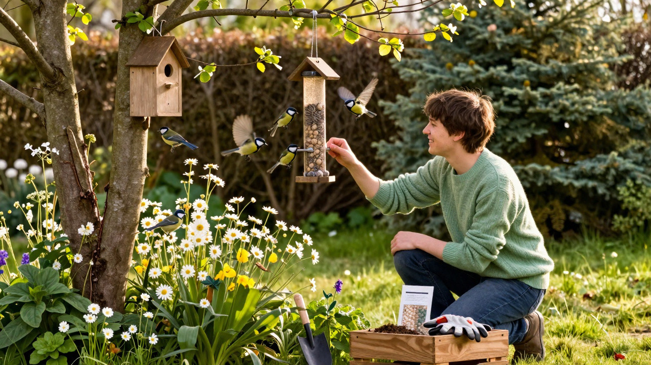 Person feeding birds from a hanging feeder in a garden with flowers and green foliage on a sunny day.