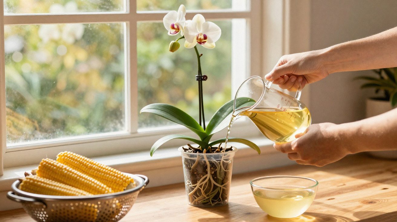 Person pouring liquid from a glass jug into a transparent orchid pot on a wooden table by a window.