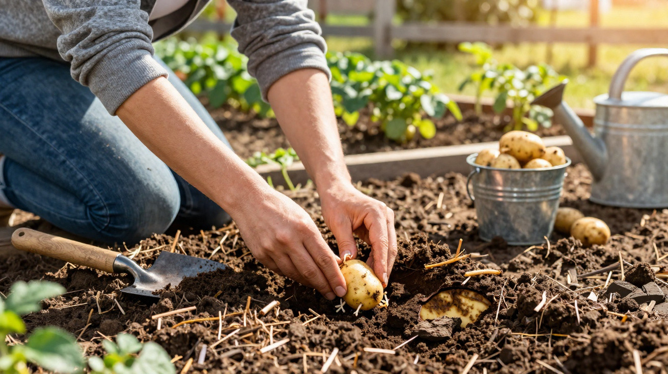 Person planting seed potatoes in soil in a garden with a bucket and watering can nearby in sunlight.