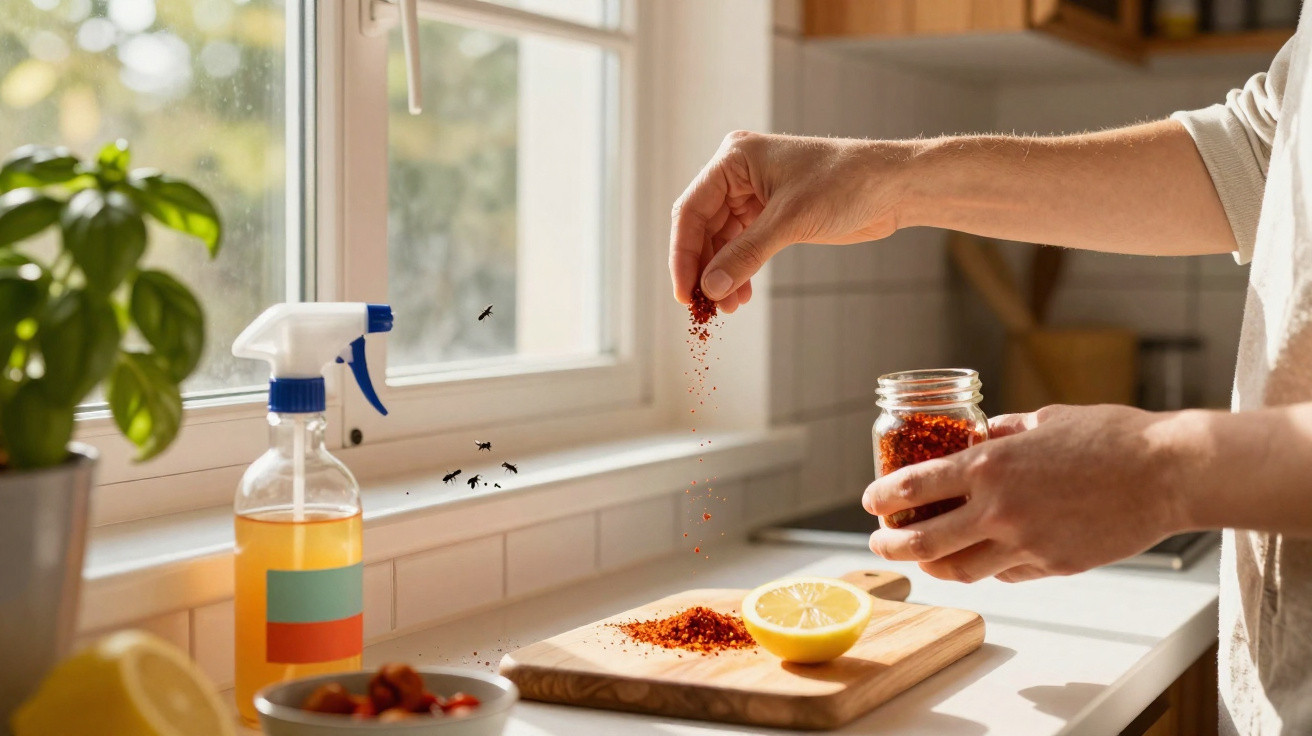 Hand sprinkling red chili flakes from a jar onto a wooden board with lemon halves in a sunlit kitchen.