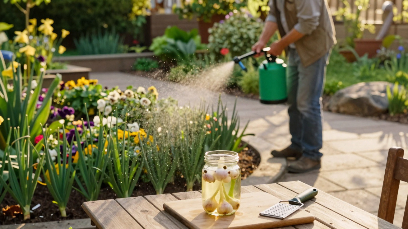 Person watering flower bed in garden with jar of garlic and grater on wooden table in foreground