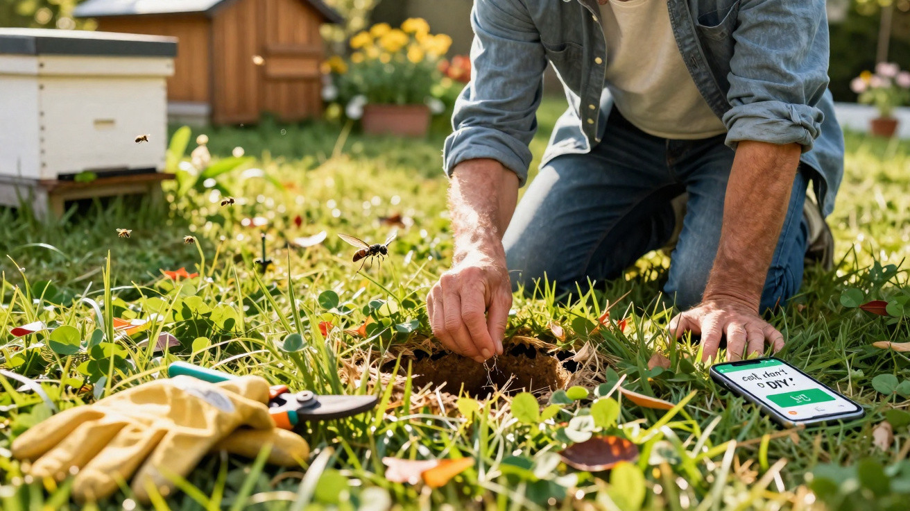 Man kneeling on grass planting a seedling near a hole, with gardening gloves, tools, and a phone nearby.