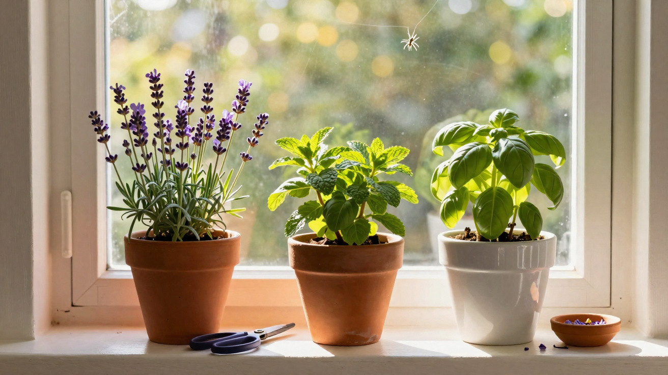 Three potted herbs on a sunny windowsill with a small spider hanging from the window above.