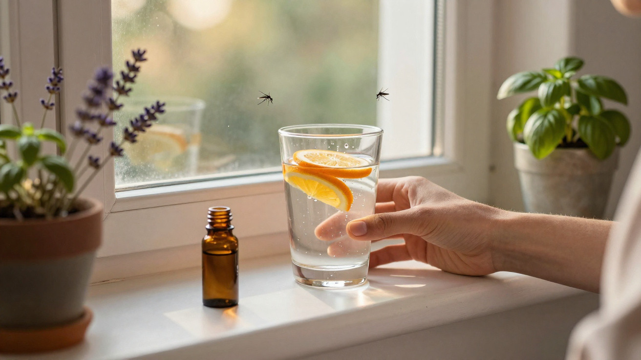 Hand holding a glass of lemon water near a window with two mosquitoes and small potted plants on the sill.